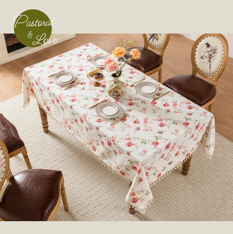 French Style Floral Flower Tablecloth Waterproof Tassel Decoration Dining Table Cloth Tea Table TV Cabinet Cover Towel