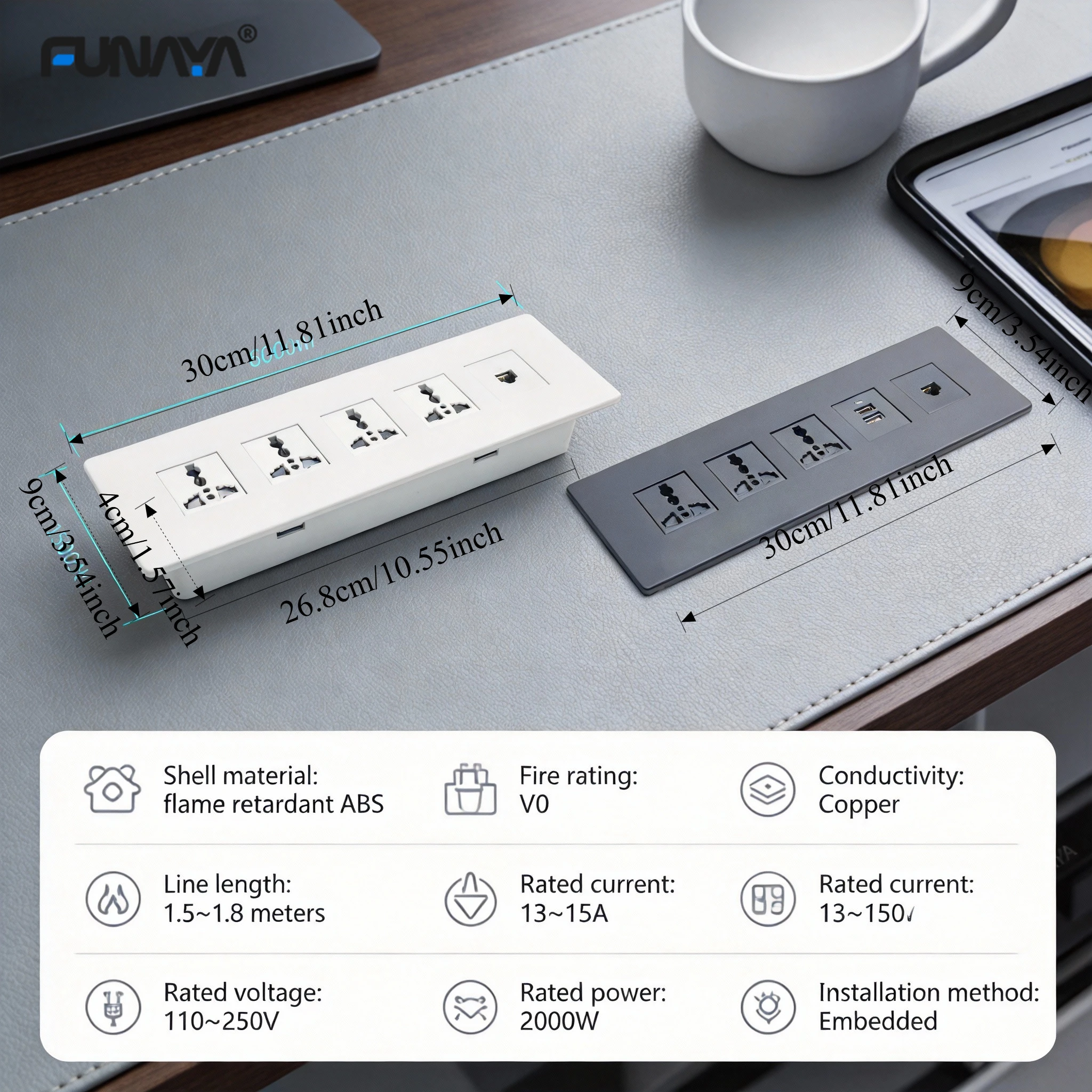 FUNAYA Built-in Multi Socket Universal Hidden Embedded Surface AC250V USB Type C Sofa Desktop Furniture extension power Sockets