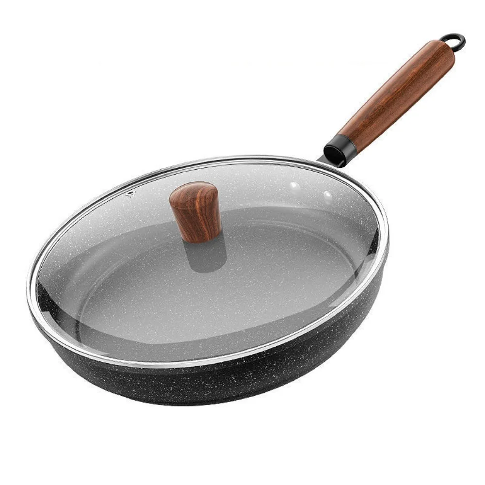 

Kitchen Cookware Non Stick Frying Pan Wood Handle Flat Bottomed Stir Fry Pan Iron with Lid Saucepan Steak