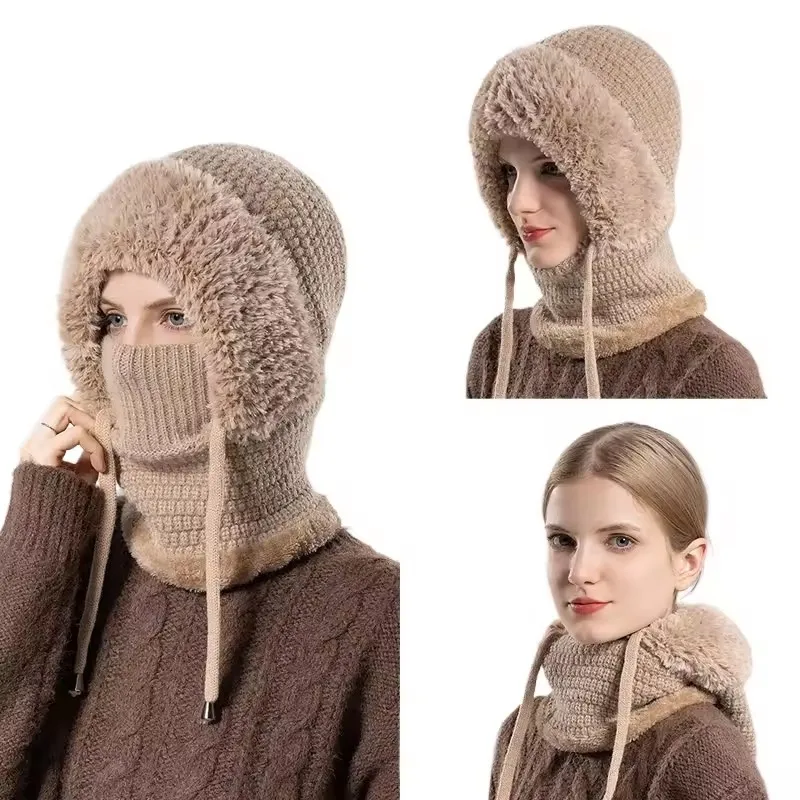 2 In 1 Winter Thermal Knitted Balaclava Hat Fleece Lined Neck Warmer Face Mask Windproof Cold-proof Integrated Hood Scarf For Outdoor Ski Daily Wear