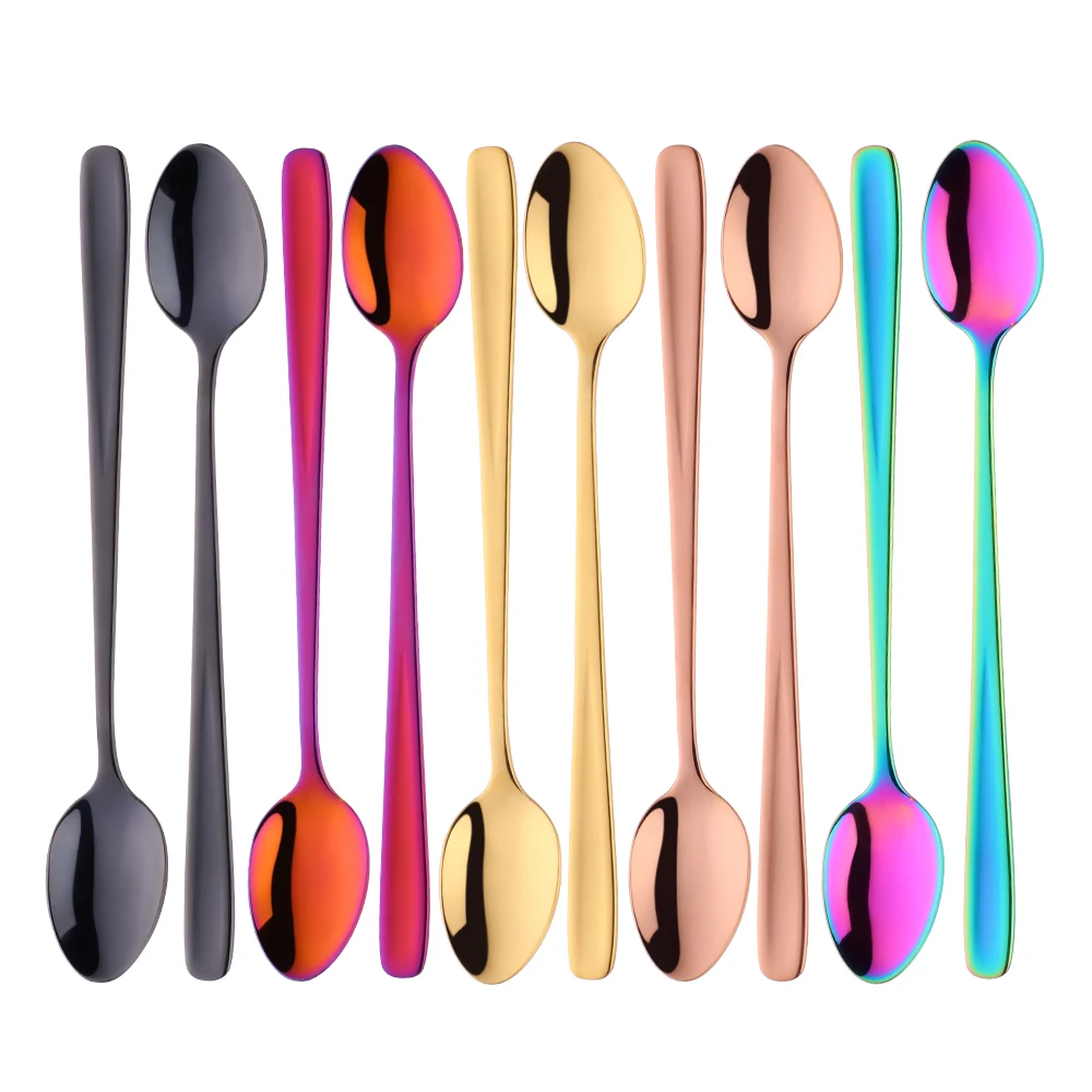 

1PCS Stainless Steel Ice Cream Spoon Iridescent Rainbow Long Handle Dessert Tea Coffee Gold Silver Colorful Scoops Cutlery Sets