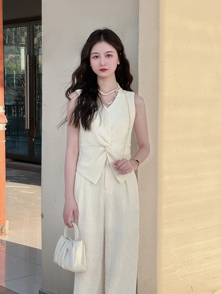 

Casual Pearl ell Kiss Waist Cinching V-Ne Top And Bot Set Women's Faion Ensemble Polyester Fiber Long Pants Zipper