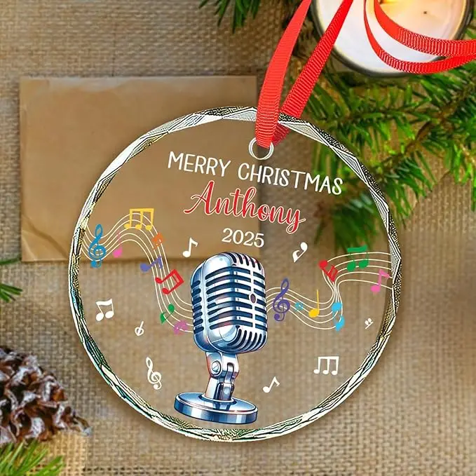 Ornamento de vidro de microfone personalizado natal 2025, presentes de ornamentos de natal de microfone para fãs de karaokê de cantor