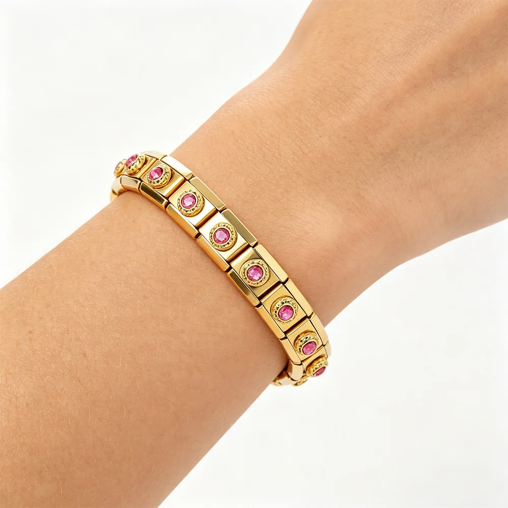

Romantic Pink Zircon Gold Color Charms Italian Stainless Steel Bracelet 18pcs Pack Woman Men DIY Jewelry Set Watch Strap Chain