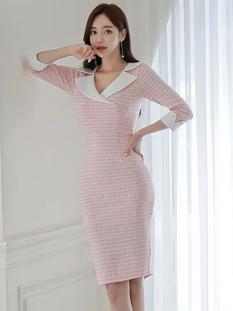 New Work Style Lady Formal Pencil Dress Women Sweet Elegant Office Commute Retro Notched Neck Slim Midi Vestidos Street Clothes