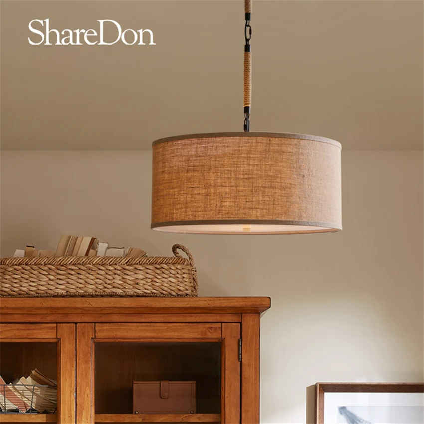 Hemp rope cotton linen fabric pendant lights dining room American country bedroom study balcony living room table pendant lamps