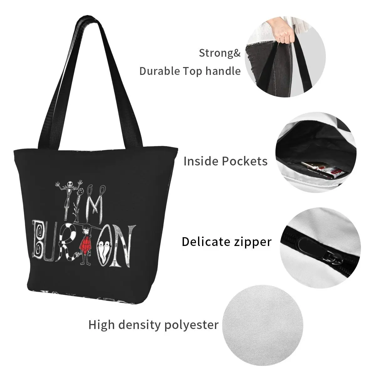 Fashion Tim Burton Alphabet Shopping Tote Bags Recycling Halloween Gothic Film Canvas Groceries Shopper Shoulder Bag