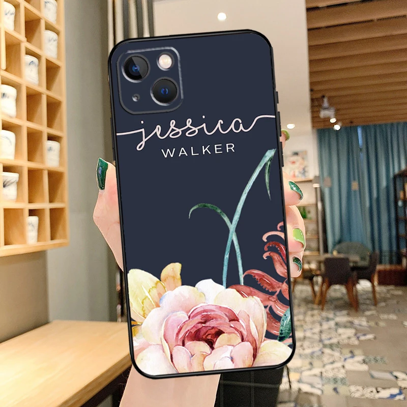PERSONALISIERTE Blumen-Namensabdeckung für iPhone 14 15 16 Pro Max XS XR X Hülle für iPhone 11 12 13 Pro Max Mini Plus