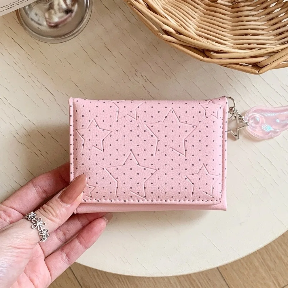 Simple PU Leather Polka Dot Trifold Wallet Lightweight Star Wing Pendant Coin Purse ID Window 5 Card Slots Mini Wallet Daily Use