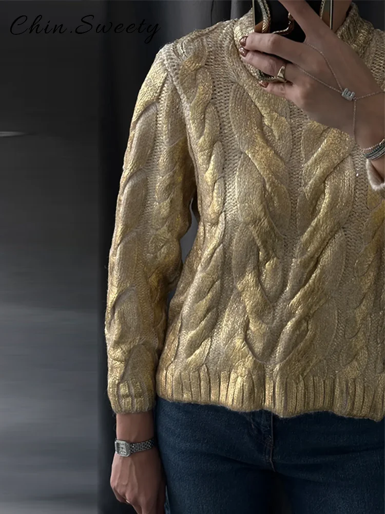 سترة نسائية محبوكة بعقدة ذهبية غير رسمية فضفاضة برقبة دائرية وأكمام طويلة بلوفر نسائي 2026 ربيعي أنيق ملابس تريكو تناسب الجميع