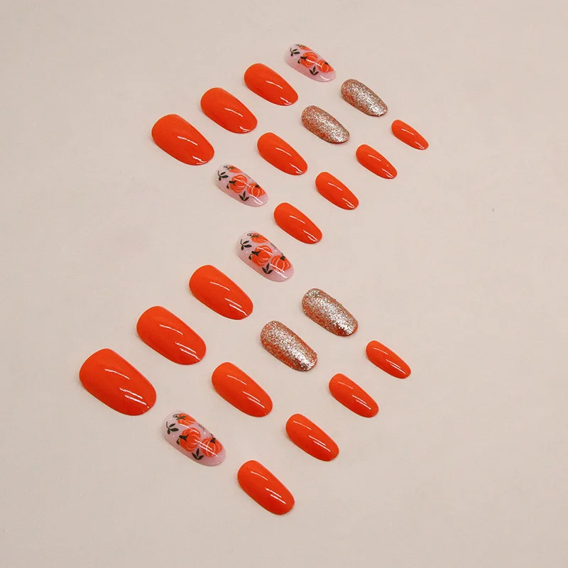 24 Pcs Medium Length Oval Press on Nails To Stick on Kawaii Cute Pumpkin Glitter Autumn Women'sacrylic Full Set Fake Nail Art