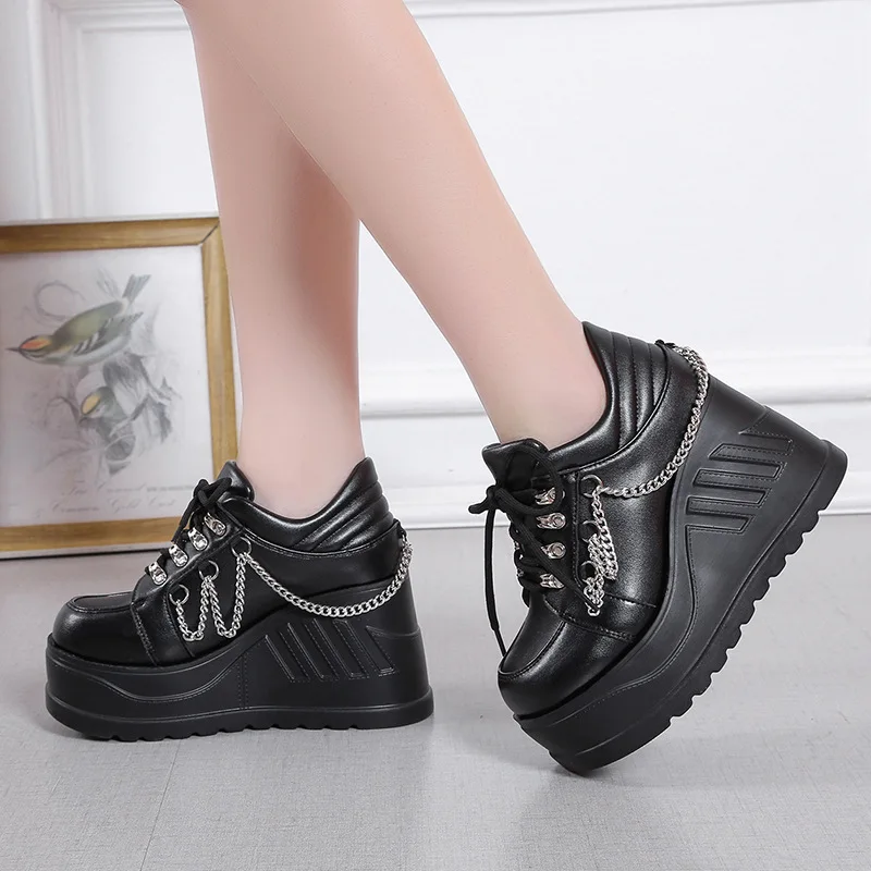 Metal Chain Punk Gothic Shoes Woman Thick Bottom High Wedge Sneakers for Women 2024 New Black Chunky Platform Y2K Uniform Shoes image 6