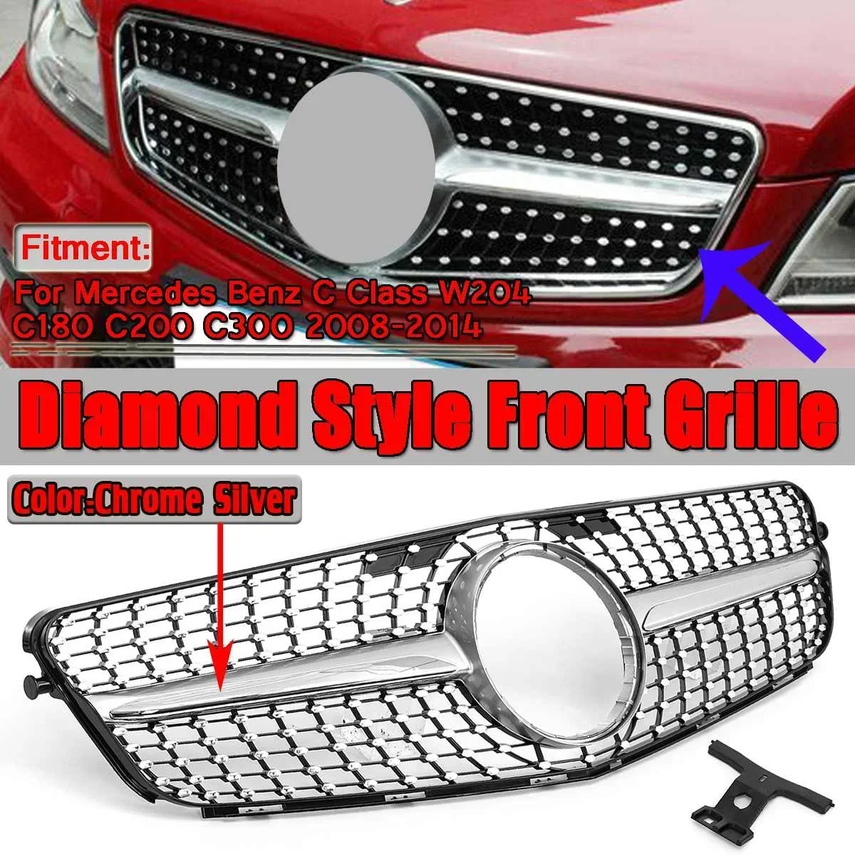 C300 W204 Diamond Style Car Front Bumper Grille Grill Racing Grill For Mercedes For Benz C-Class W204 C180 C200 C300 2008-2014