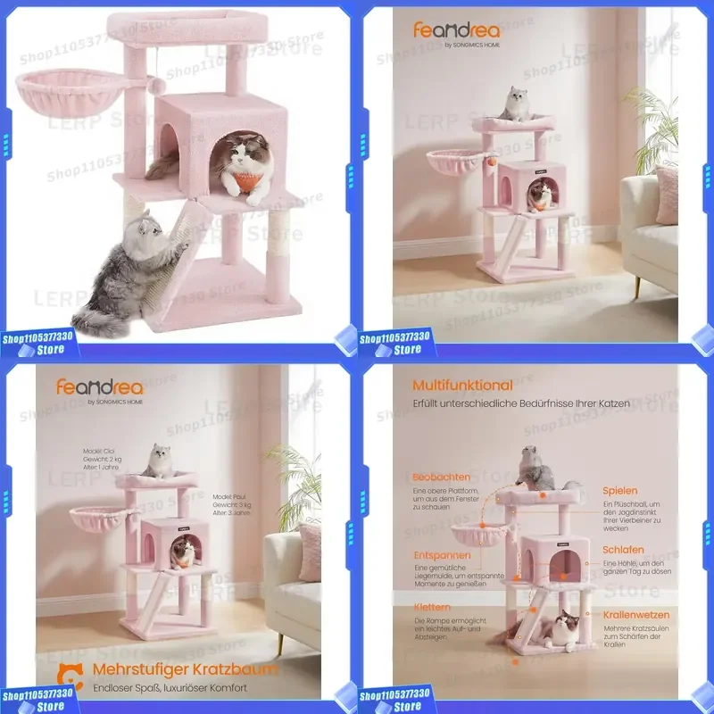 Light Pink Wooden Cat Tower with Large Platform and Sisal Scratching Post Plush Climbing Frame for Indoor Cats Playing