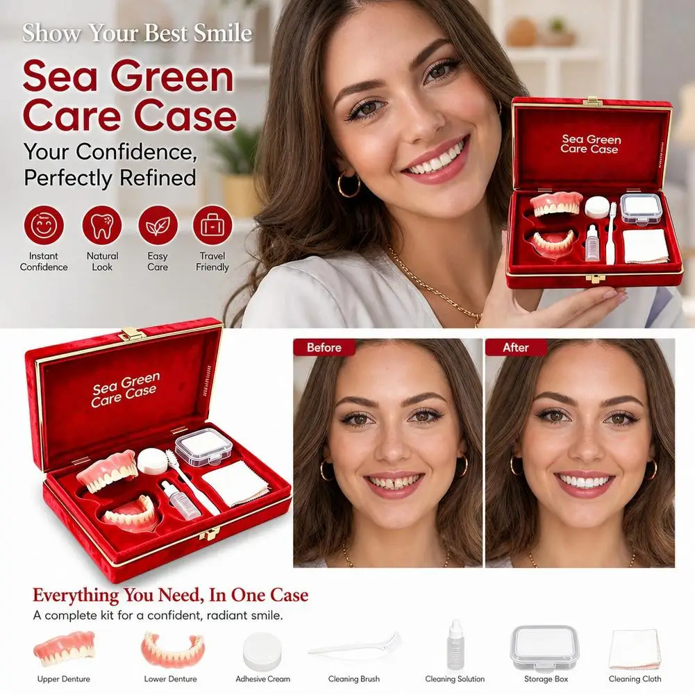 Premium Full‑Mouth Silicone False Teeth Set with Storage Box Toothbrush Removal Hook Soft Reline Dentures for Snug Comfort Fit