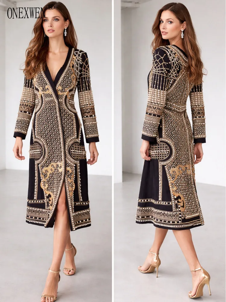ONEXWEN New Style Print Long Overcoat With Pearl Embellishments Elegant Collarless Coat Fashion Outerwear ZM883