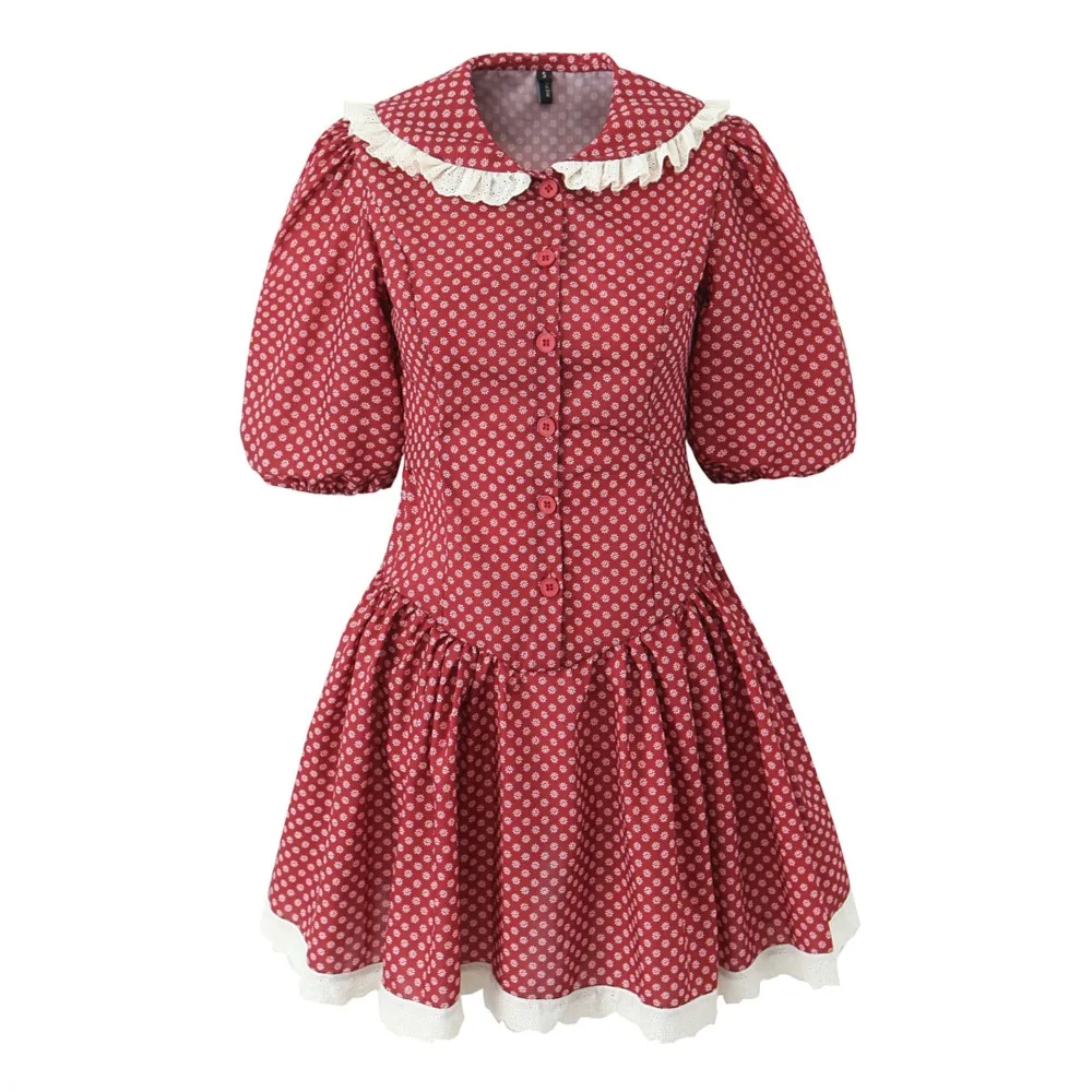 2025 Retro empalmado encaje flor roja estampado de tótem cuello Peter Pan media manga Mini vestido mujeres cintura baja vestidos plisados fruncidos