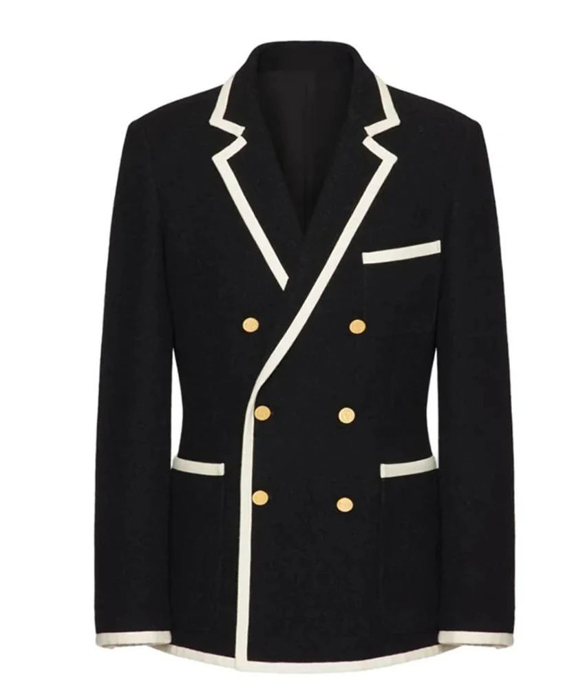 

Men's Fashion Double Breasted Blazer with Gold Button Detail Slim Fit for Wedding Prom Party Stage Performance Wear.