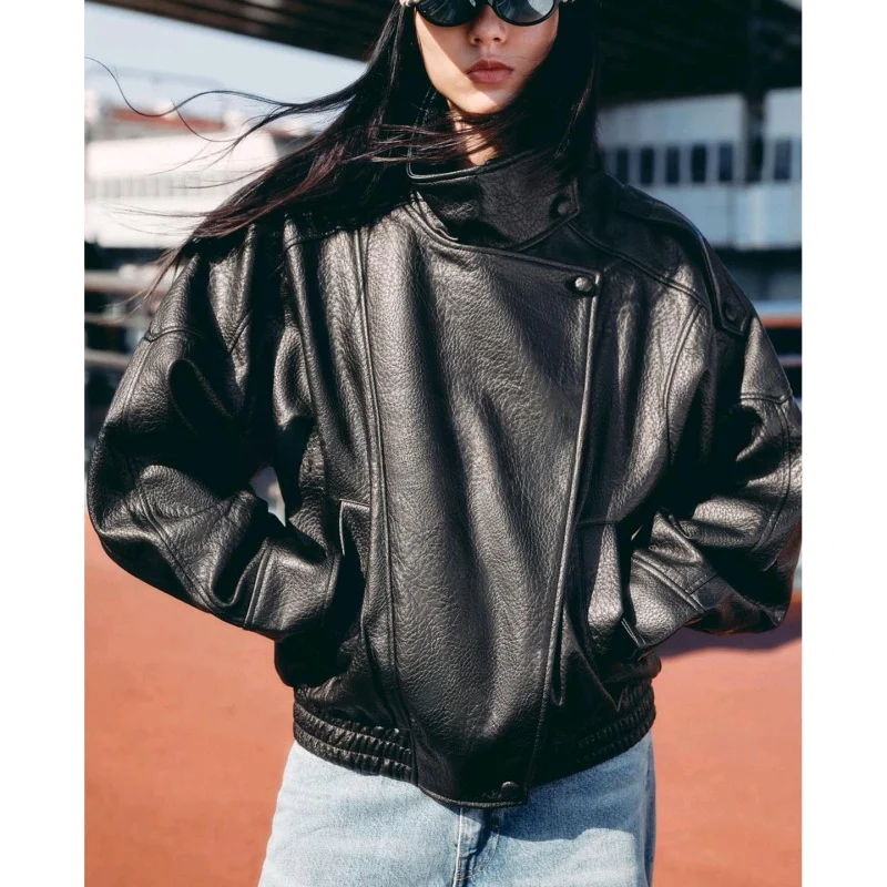 秋の新作 レディース バイク用 PUレザー ジャケット ロング丈 スタンドカラー 暖かい カジュアル ストレートフィット レディース アウター...