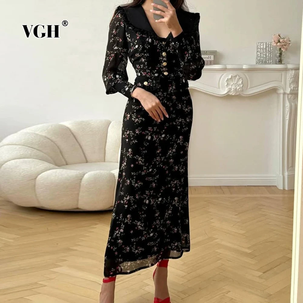 

VGH Temperament Slimming Printing Dresses For Women Round Neck Long Sleeve High Waist Spring Elegant Dress Female Fashion Style