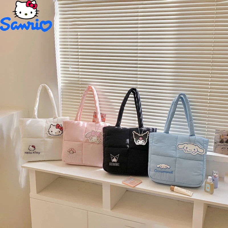 New Sanrio Hellokitty Cinnamoroll Melody Handbag Down Cloth Cartoon Cute Cosmetic Bag Wash Bag Snack Mother Bag Kawaii Gift