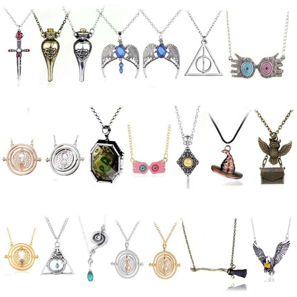 Movie Series School Emblem Necklace Time Converter Hourglass Magic Owl Deathly Hallows Golden Snitch Horcrux Pendant