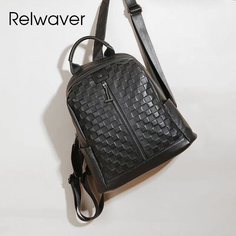 Relwaver genuine leather backpack black plaid pattern women backpack 2024 winter all match soft causal embossing travel backpack