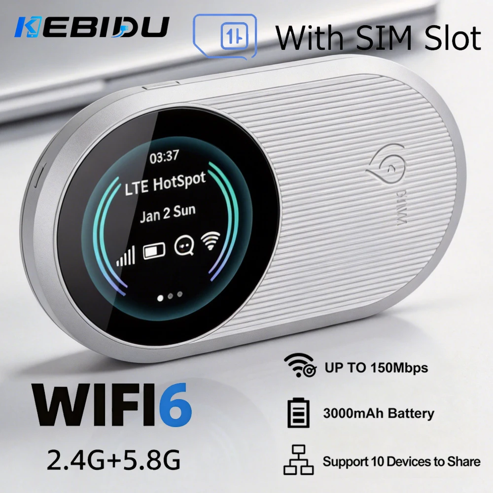 KEBIDU 4G LTE WiFi6 Dual Band 2.4G+5.8G Portable MiFi Router 300Mbps 3000mAh SIM Card Mobile Hotspot Travel Pocket WiFi Modem