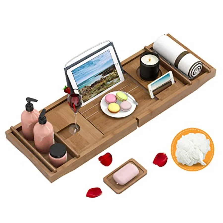 

Bathtub Caddy Tray Expandable Bamboo Bath Tub Tray for Luxury Bath with Book Holder Free Soap Dish