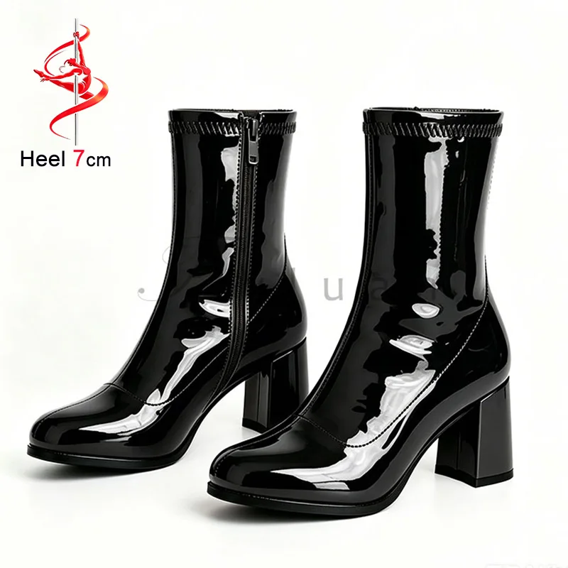 

Elastic Leather Stylish Daily Outfits Casual Short Booties Mujer 7CM Thick Heel Solid Ankle Boots For Woman Black Outdoors Shoes