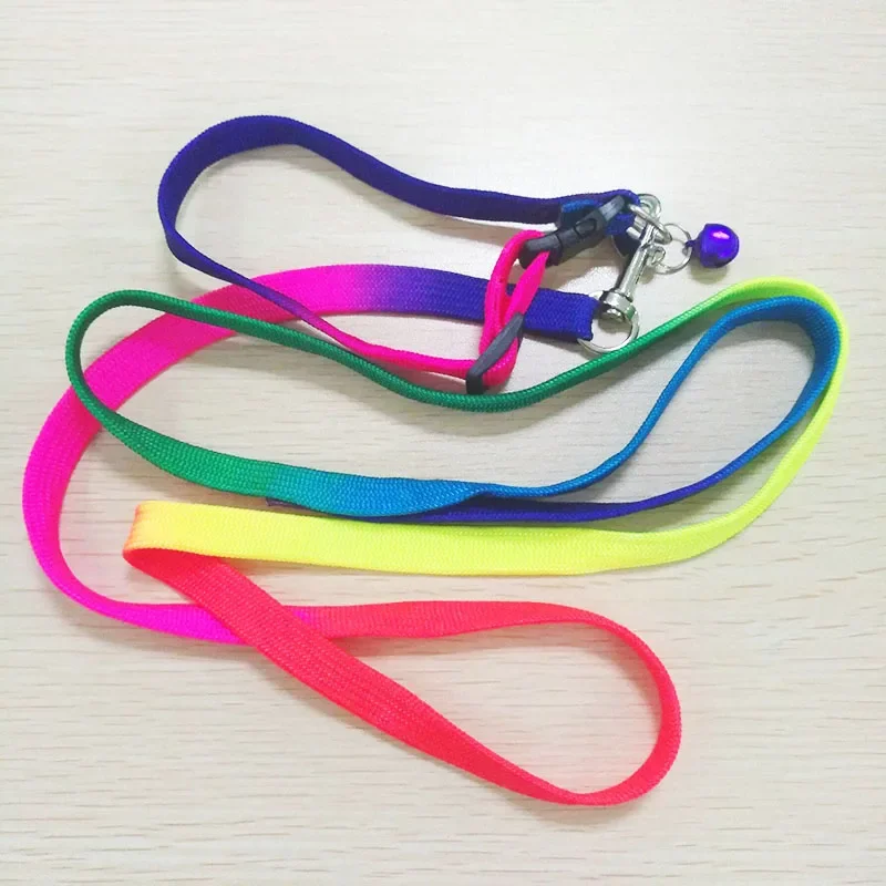 1pc Adjustable Collar and Leash Rainbow Nylon Pet Cat Puppy Dog Lead Daily Training Walking Outdoor Leashes With Bell