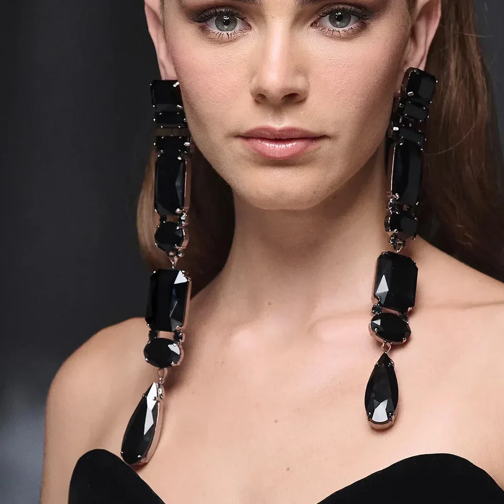 Stonefans Geometric Shape Black Crystal Earrings Long Dangle Jewelry Women Exaggerated Tassel Earrings Party Banquet Catwalk