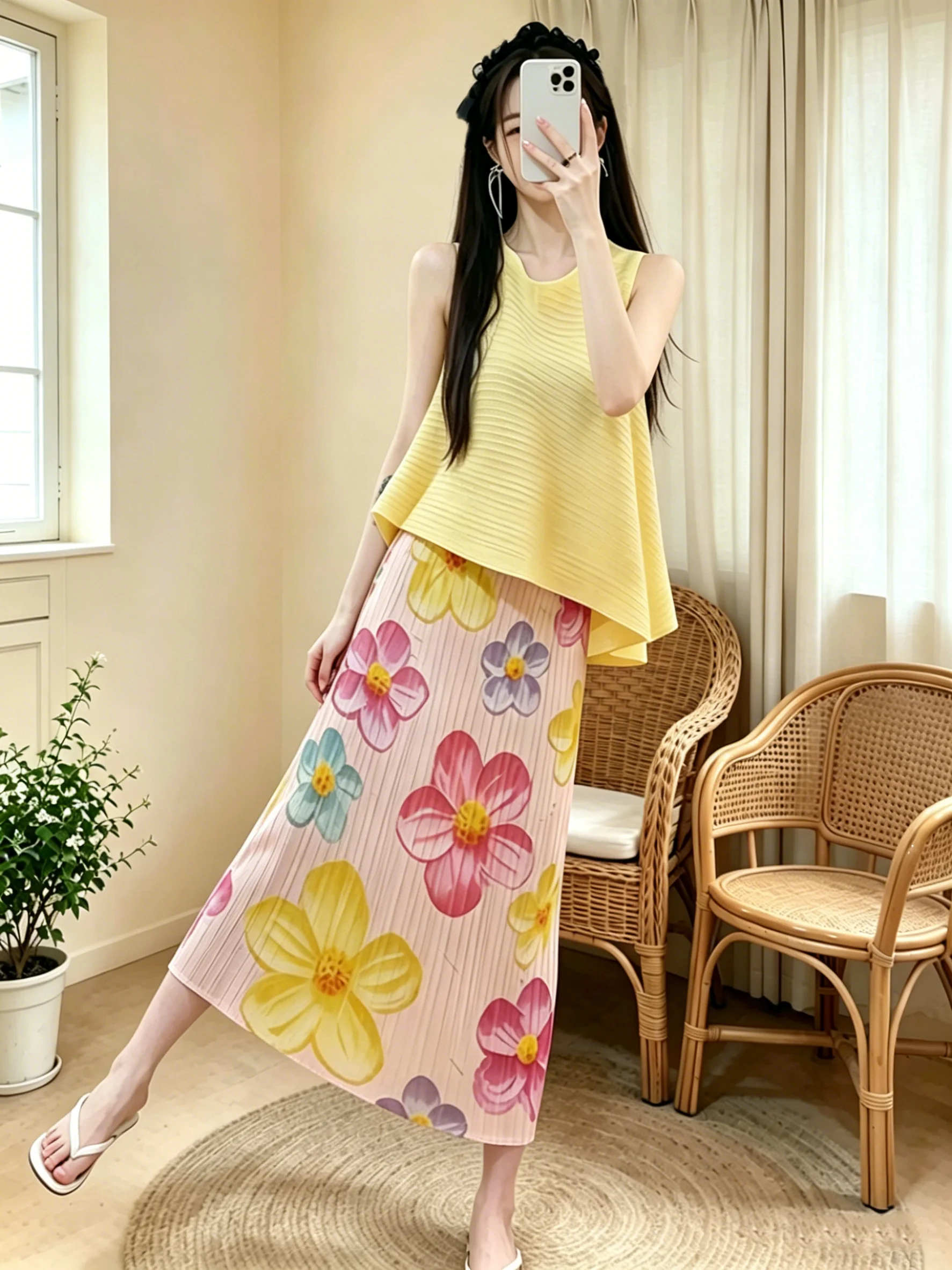 Fluorescent Yellow Sleeveless Print Skirt Set High Waist A-Line Gauze Women's Summer Trendy Anti-Aging Fashion Ensemble