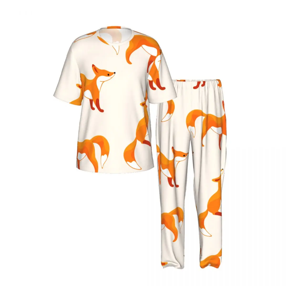 Men Pajamas Set Cartoon Fox Pattern Short Sleeve Spring Summer Lounge Sleepwear Male Nightwear