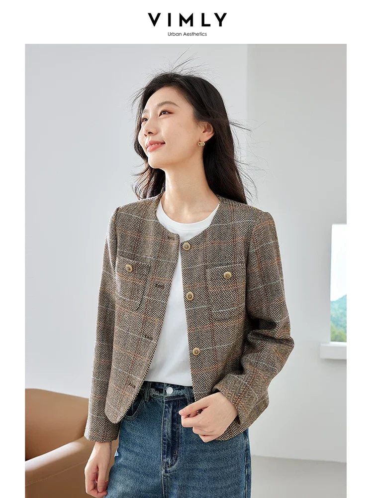 Vimly Spring Cropped Jackets for Women 2024 Elegant Fashion Female Outerwear Woman Long Sleeve Round Neck Short Coats M2936