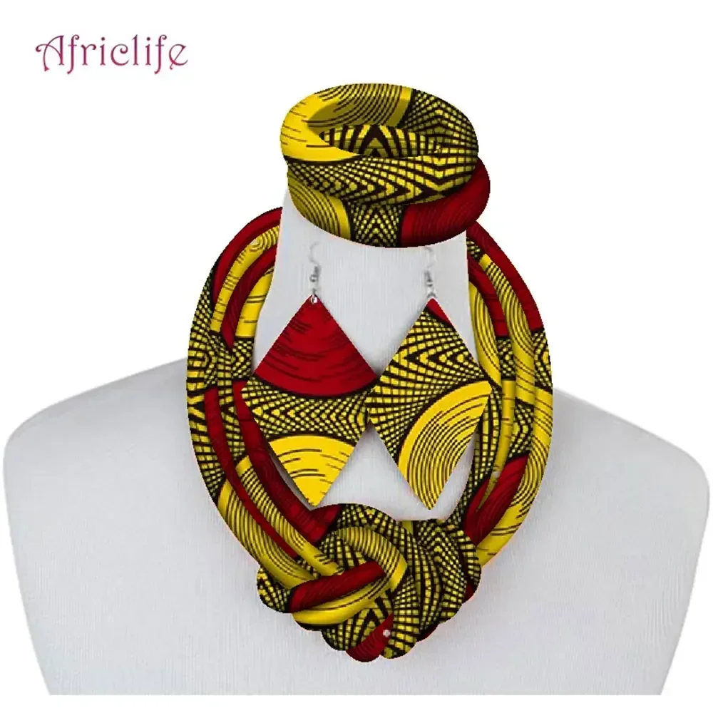 3 Pieces African Necklace Print Wax Ankara Fabric Set Side Knot Necklace,Bracelet and Earrings SP083