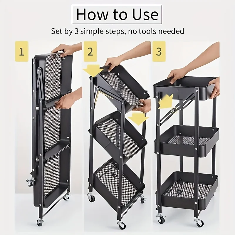1-piece Foldable Three-tier Metal Cart with Wheels; No Assembly Required; Folds Flat To Save Space; Ideal for Offices, Home