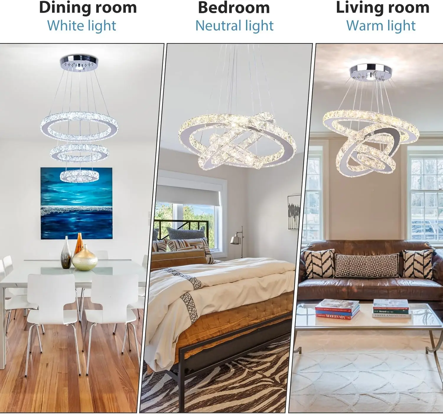 3-Ring Crystal Pendant Light, Adjustable LED, Dimmable | Modern Hanging Chandelier for Dining Room, Kitchen Island, Bedroom or Living Room