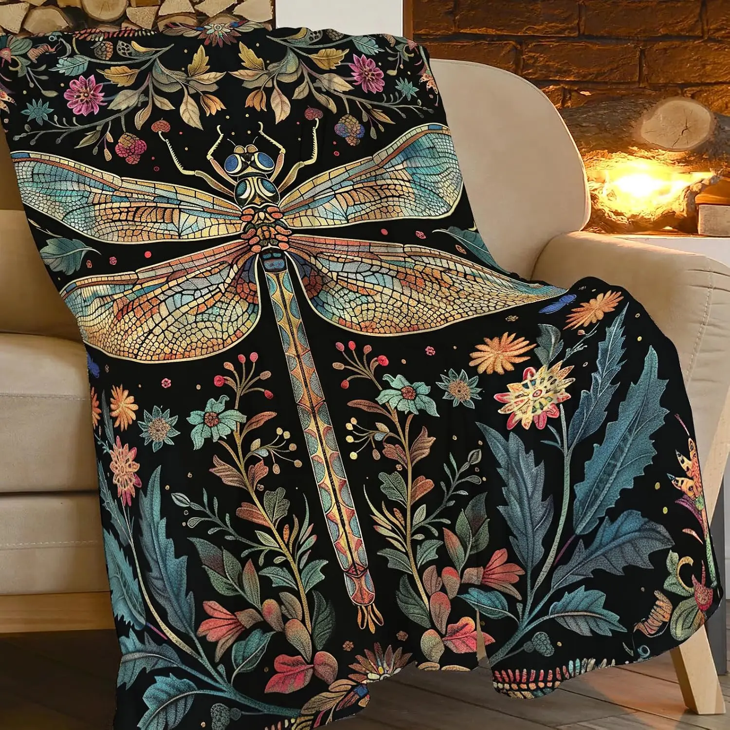 Vintage Floral Dragonfly Black Background Print Flannel Blanket Sofa Bedroom Warm Throw Blanket For Home Camping Daily Use