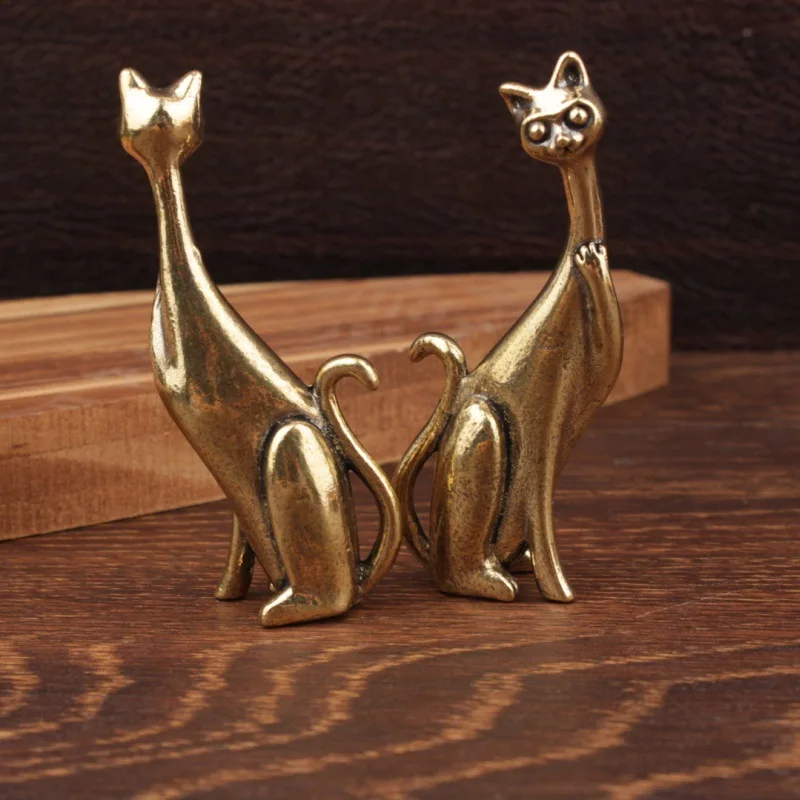 Solid Brass Cat Figurine Long Necked Cat Statue Animal Figurines Tiny Kitty Ornament Home Desktop Decoration Accessories