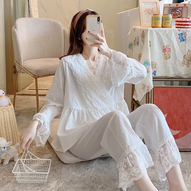 Women's Sleepwear Lolita Pajama Sets Flowers Embroidered Vintage Pyjamas Sleeping Suits Loungewear Autumn Winter Floral Lace 2PC