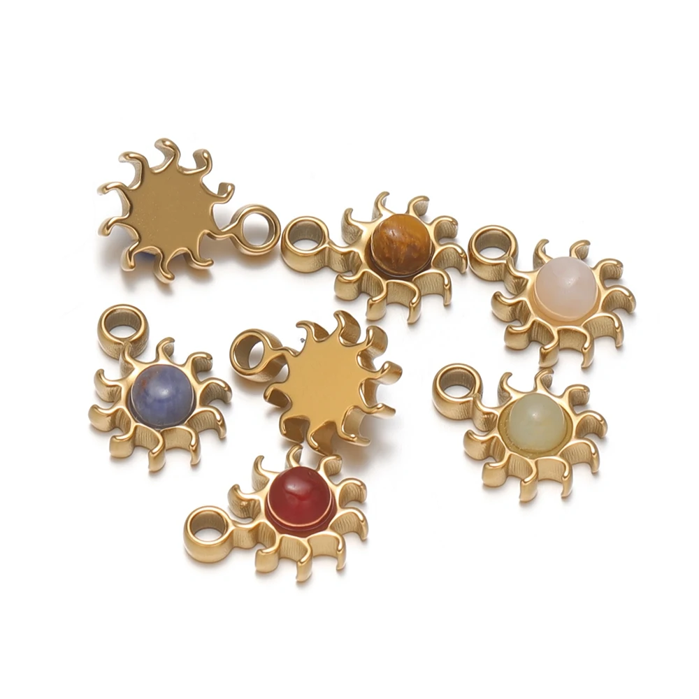 5 Stück vergoldete Edelstahl-Sonnen-Anhänger mit Naturstein für DIY-Schmuck, Ohrringe, Anhänger, Armbänder, Halsketten und Zubehör – Detail 3