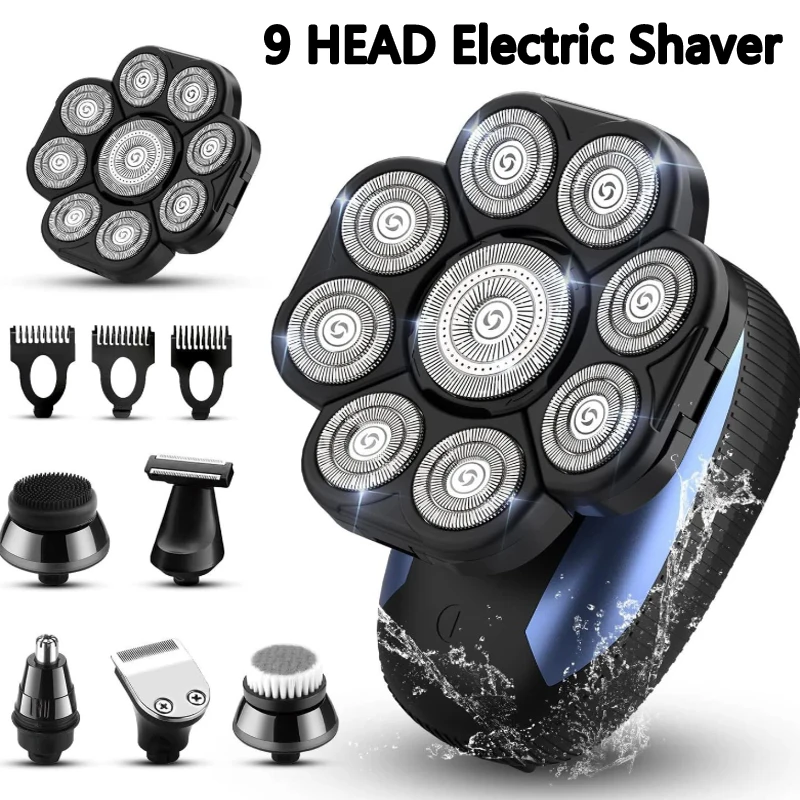 9 HEAD 6-in-1 Electric Shaver Men's Bald Head Machine Hair Cutting Shaving Whitening Grooming Kit USB Charging Shaving Machine