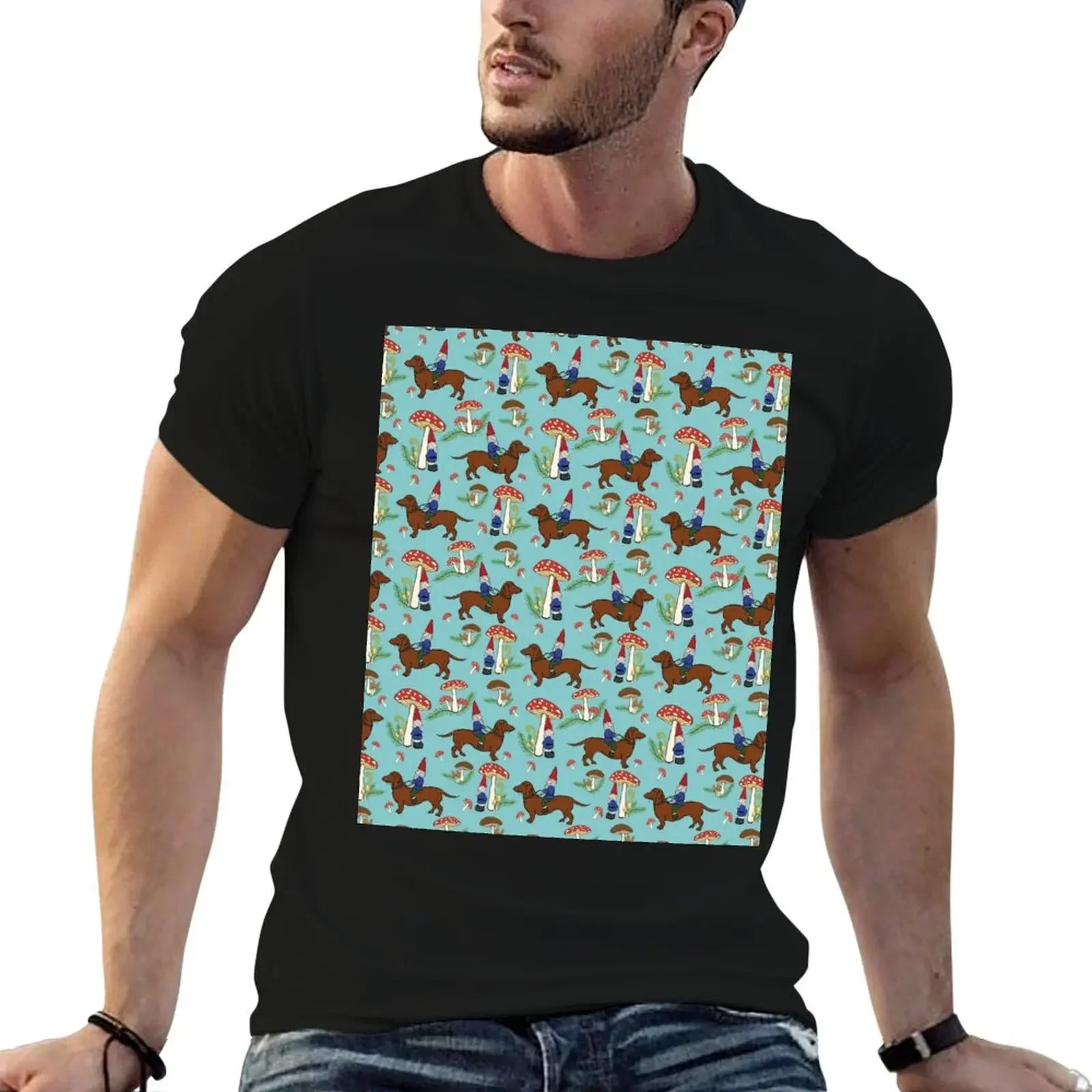 Gnome and Dachshund in Mushroom Land, Turquoise Blue Background T-Shirt graphic t shirt vintage big and tall t shirts for men