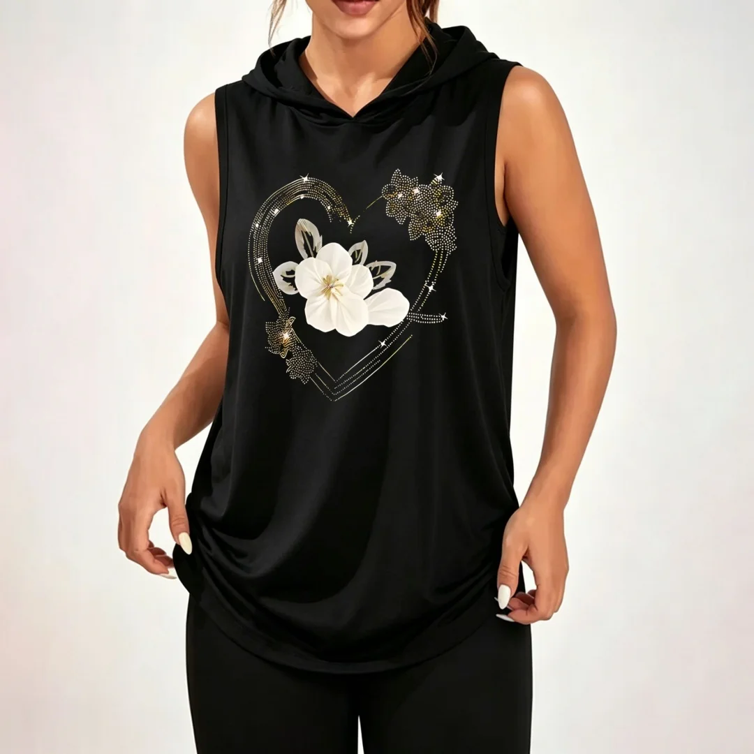 Unisex sleeveless hooded vest (rhinestone heart and white floral pattern), 100% polyester, loose-fit casual athletic top.