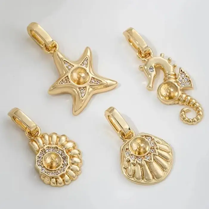 14K Gold-Coated Conch Shell Pendant with Universal Buckle Bead Holder Marine Life Series DIY Sticky Pearl Necklace Accessory