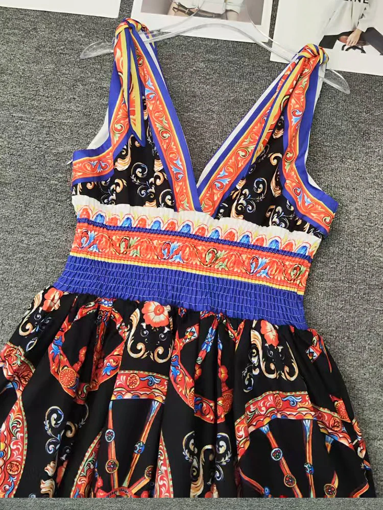 2026 summer women's clothing retro geometric positioning print sexy tube top suspender dress fashion shirring loose tutu skirt