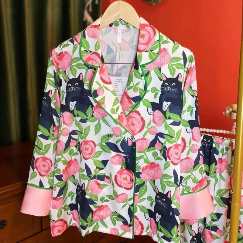 Neue weibliche Pyjamas zweiteilige Set Frühling Herbst Langarm Hose Anzüge Nachtwäsche Casual Print Blume Satin Homewear Dessous