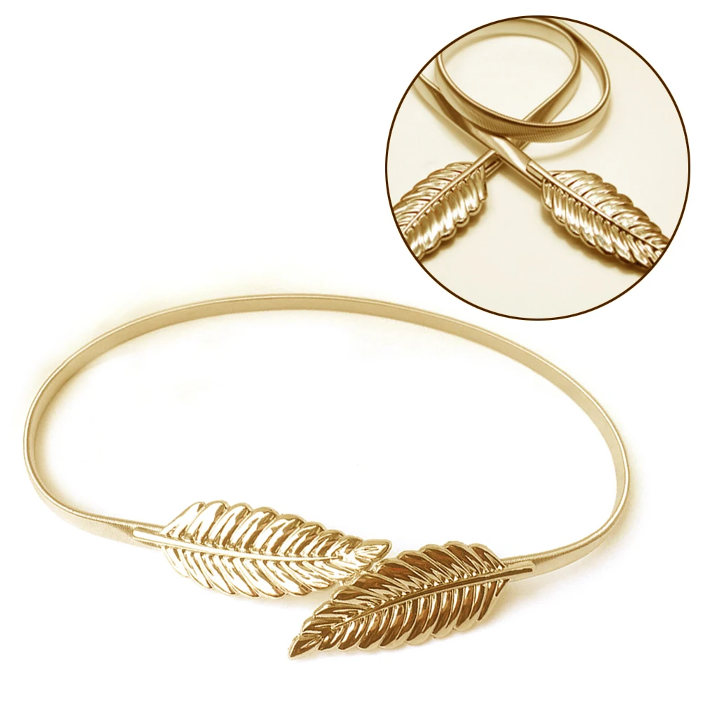 

Gold Metal Leaf Shaped Waist Belt For Women Adjustable Stretchy Elegant Cummerbund Fashion Waistband Decorative Skinny