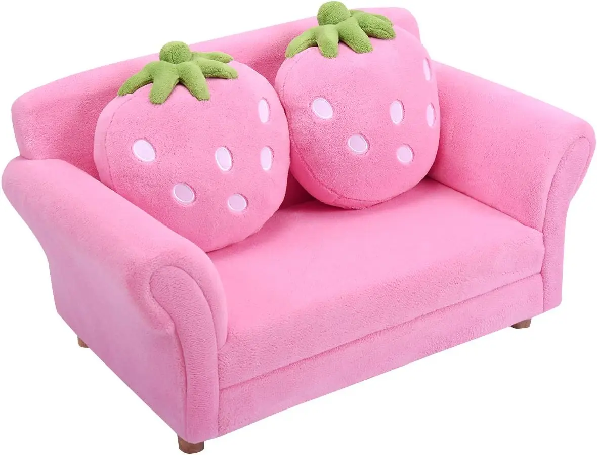 Kids Sofa with Ergonomic Back & 2 Strawberry Pillows, Double Seat Toddler Armchair for Boys Girls